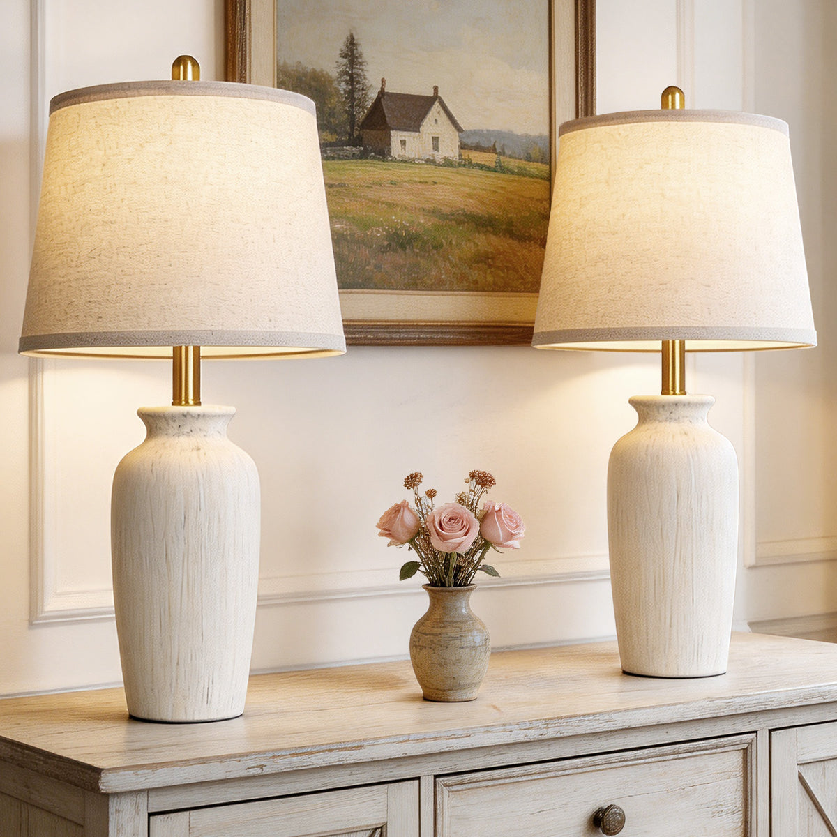Cinkeda 24.5" Beige Ceramic Table Lamps Set of 2, 2-Level Rotary Switch Bedside Nightstand Lamps with Gold Accents & Slant Shade for Living Room