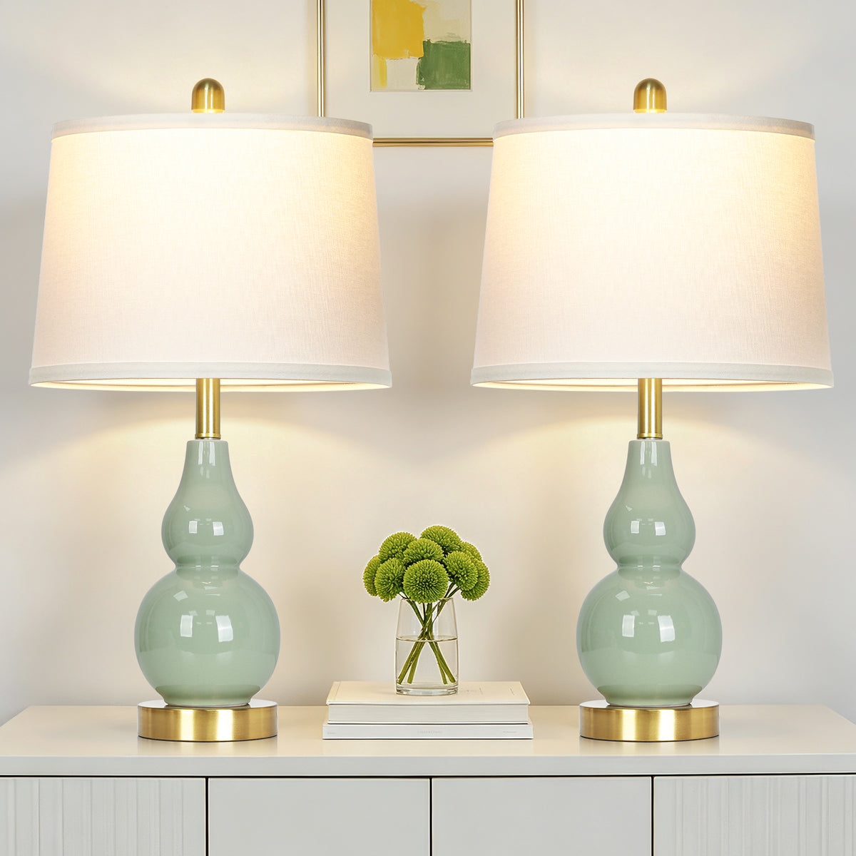 Cinkeda 25" Teal Ceramic Table Lamps Set of 2, 2-Level Rotary Switch Bedside Nightstand Lamps with Gold Base & Slant Shade for Living Room
