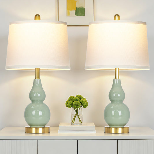 Cinkeda 25" Teal Ceramic Table Lamps Set of 2, 2-Level Rotary Switch Bedside Nightstand Lamps with Gold Base & Slant Shade for Living Room