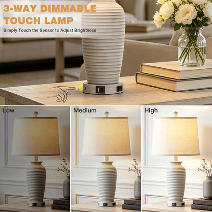 Cinkeda 25" Touch Control Table Lamp, Light Gray Resin Jar Body with Oatmeal Linen Shade, USB-C & AC Outlet, 3-Level Dimmable, Dimmable LED Bulb Included for Bedroom