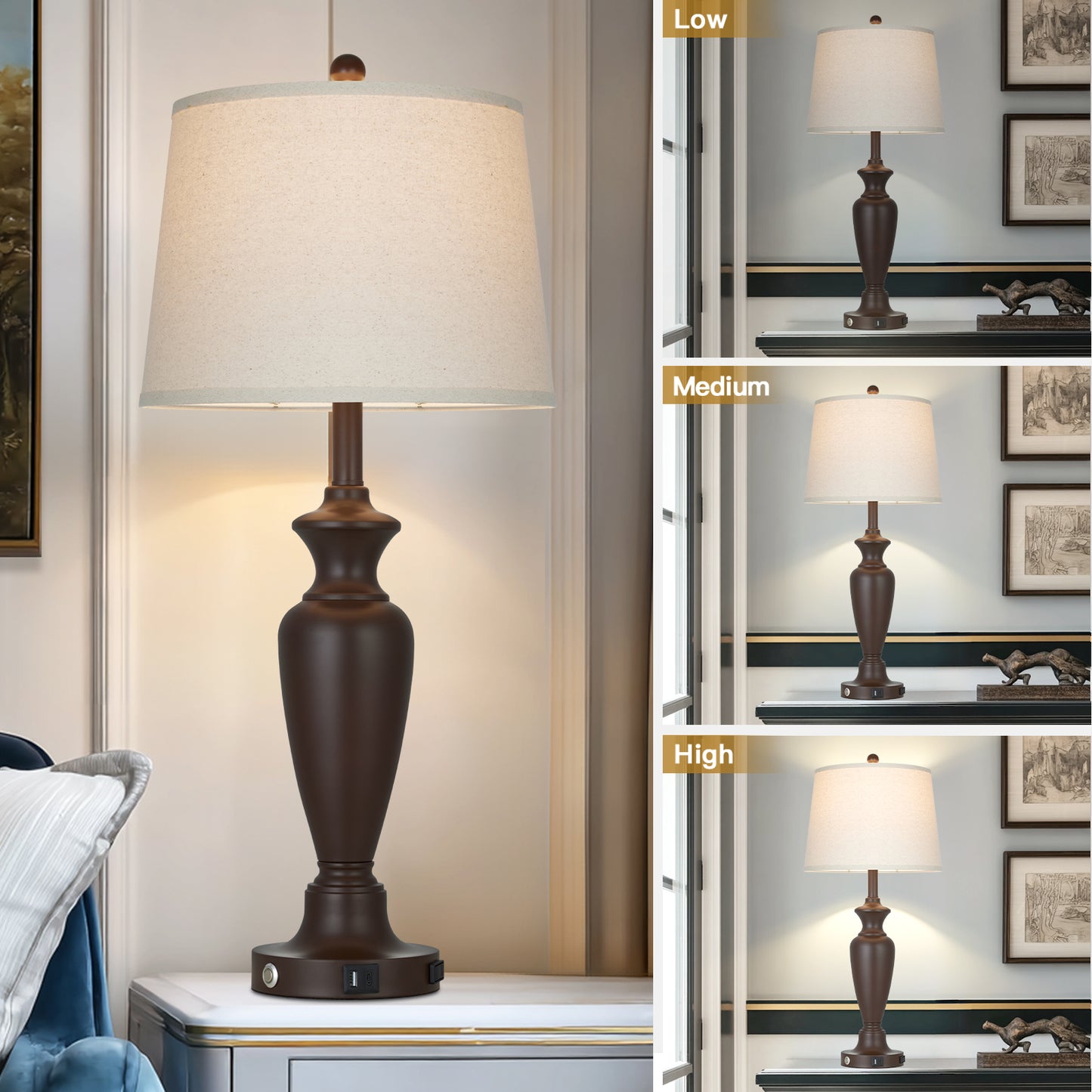 Cinkeda 30" Table Lamp Set of 2, Rustic 3-Way Dimmable Tall Touch Table Lamps for Living Room Bedroom, Brown