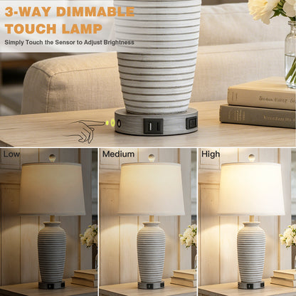 Cinkeda 25" Touch Control Table Lamp, Gray-White Resin Jar Body with White Linen Shade, USB-C & AC Outlet, 3-Level Dimmable, Dimmable LED Bulb Included for Bedroom