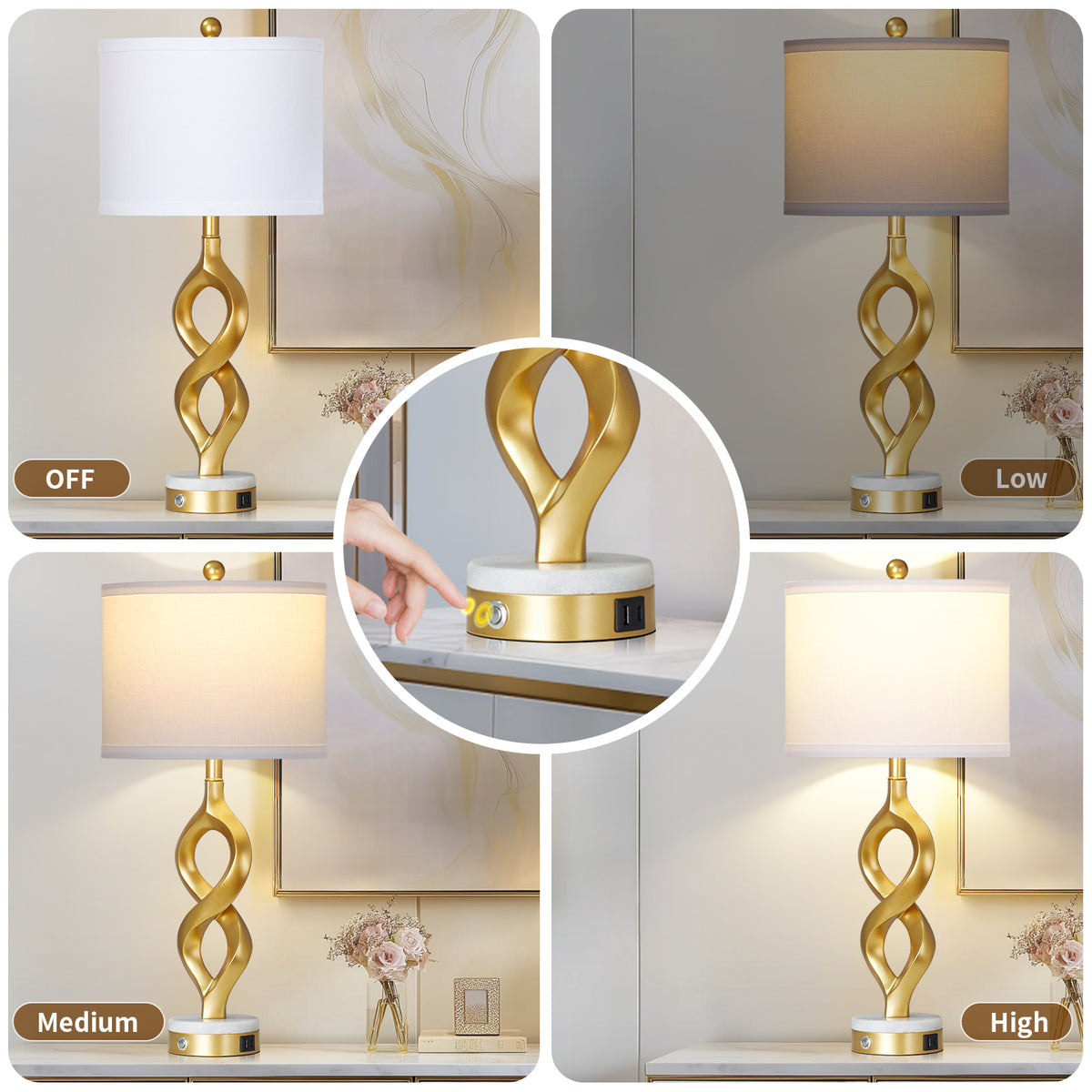 Cinkeda 30" White and Gold Table Lamp, Modern Touch Dimmable Bedside Lamp with Dual USB Ports & LED Bulb for Living Room Bedroom