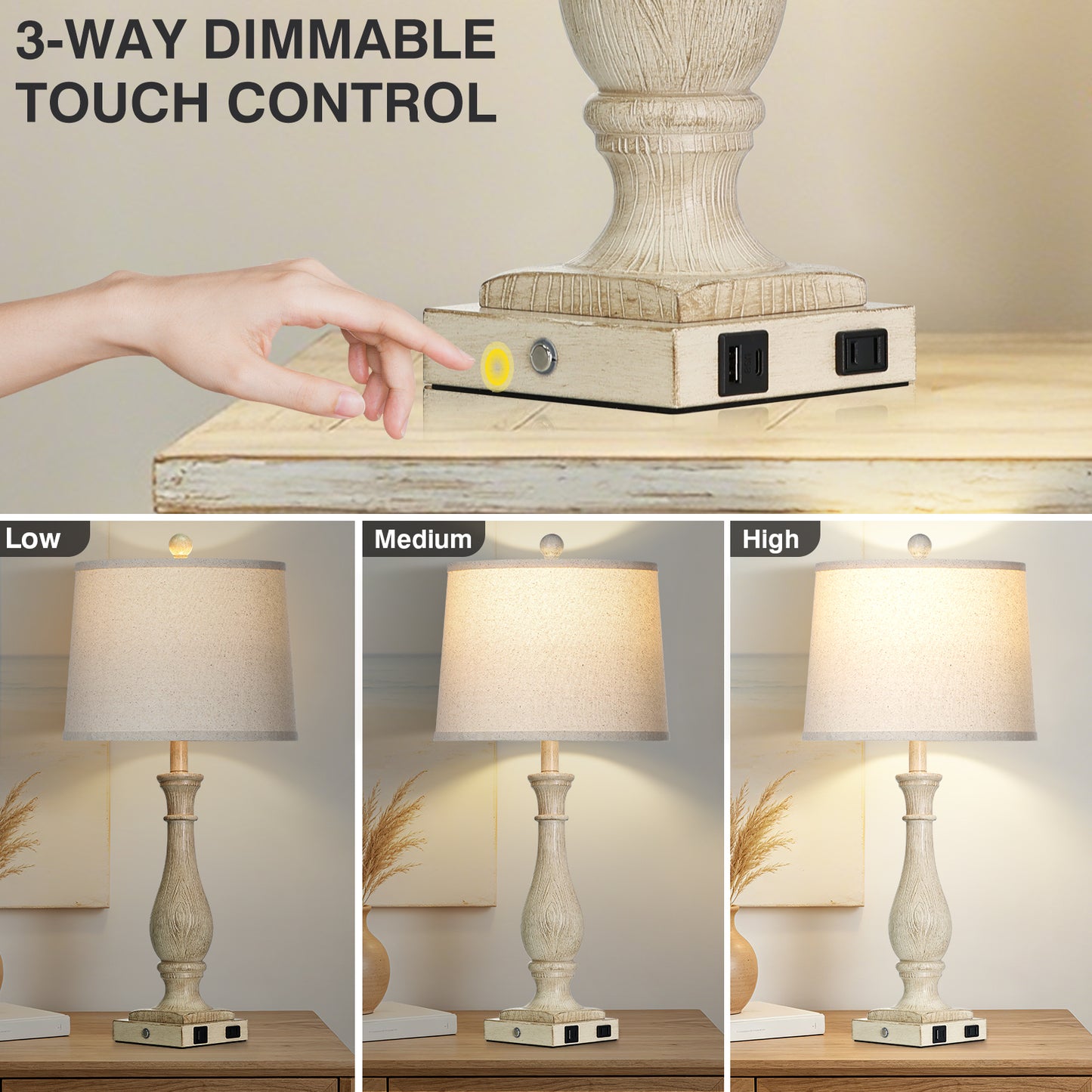 Cinkeda 27.5" Beige Resin Table Lamps Set of 2, 3-Level Touch Control Bedside Nightstand Lamps with USB & Type-C Ports, AC Outlet for Living Room