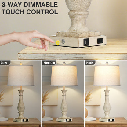 Cinkeda 27.5" Beige Resin Table Lamps Set of 2, 3-Level Touch Control Bedside Nightstand Lamps with USB & Type-C Ports, AC Outlet for Living Room