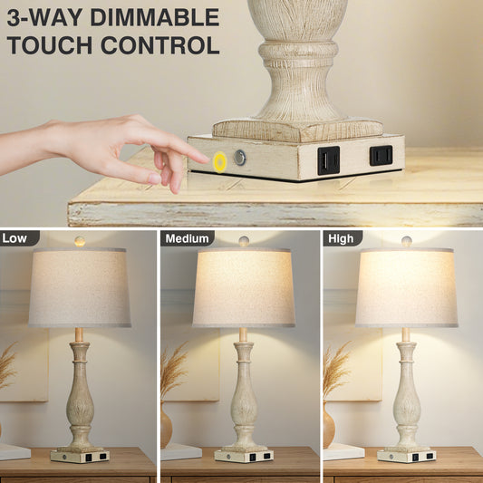 Cinkeda 27.5" Beige Resin Table Lamps Set of 2, 3-Level Touch Control Bedside Nightstand Lamps with USB & Type-C Ports, AC Outlet for Living Room