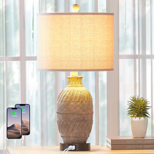 Cinkeda Table Lamp Grey Resin 3-Way Touch Dimming USB Ports