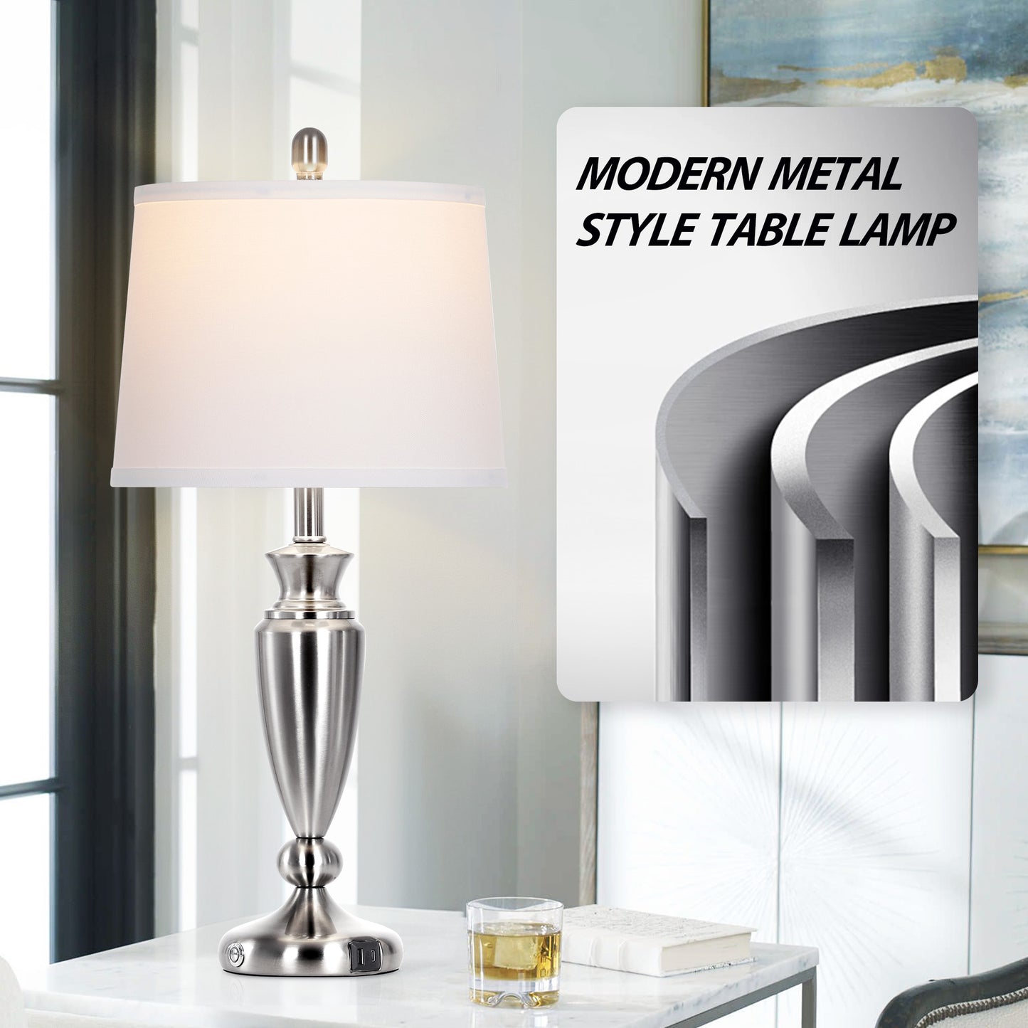 Cinkeda Table Lamps Set of 2 for Bedroom Living Room 27" Tall Silver Industrial Bedside Lamp with USB +C Charging Ports Modern 3-Way Dimmable Touch Control Nightstand Lamp