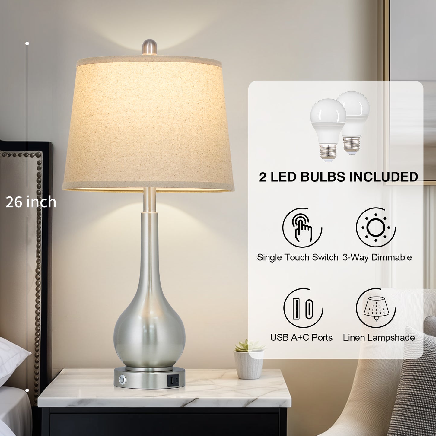 Cinkeda Table Lamps Set of 2 Modern Nightstand Bedside Touch Lamps for Bedroom Living Room with USB A+C, Silver