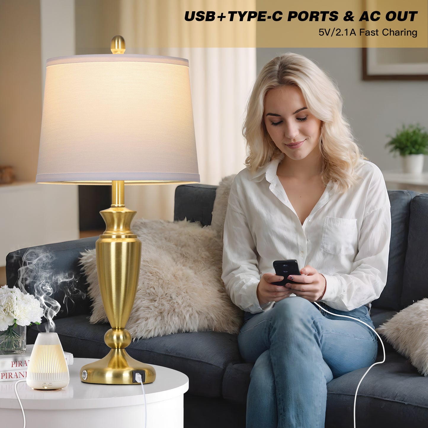 Cinkeda Table Lamps Set of 2 for Bedroom Living Room 27" Tall Gold Industrial Bedside Lamp with USB +C Charging Ports Modern 3-Way Dimmable Touch Control Nightstand Lamp