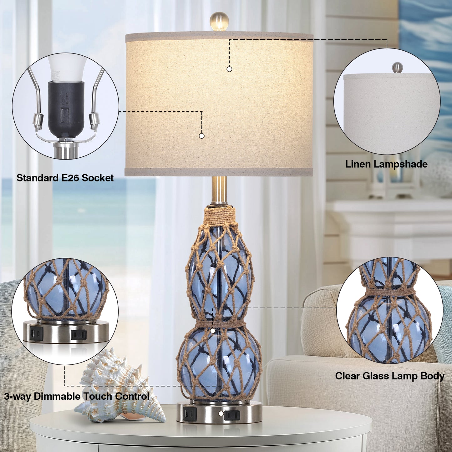 Cinkeda Coastal Glass Table Lamps Set of 2 with USB C+A Ports AC Outlet 3 Way Dimmable Touch Control Nightlight 26" Nautical Bedside Lamp for Living Room Bedroom