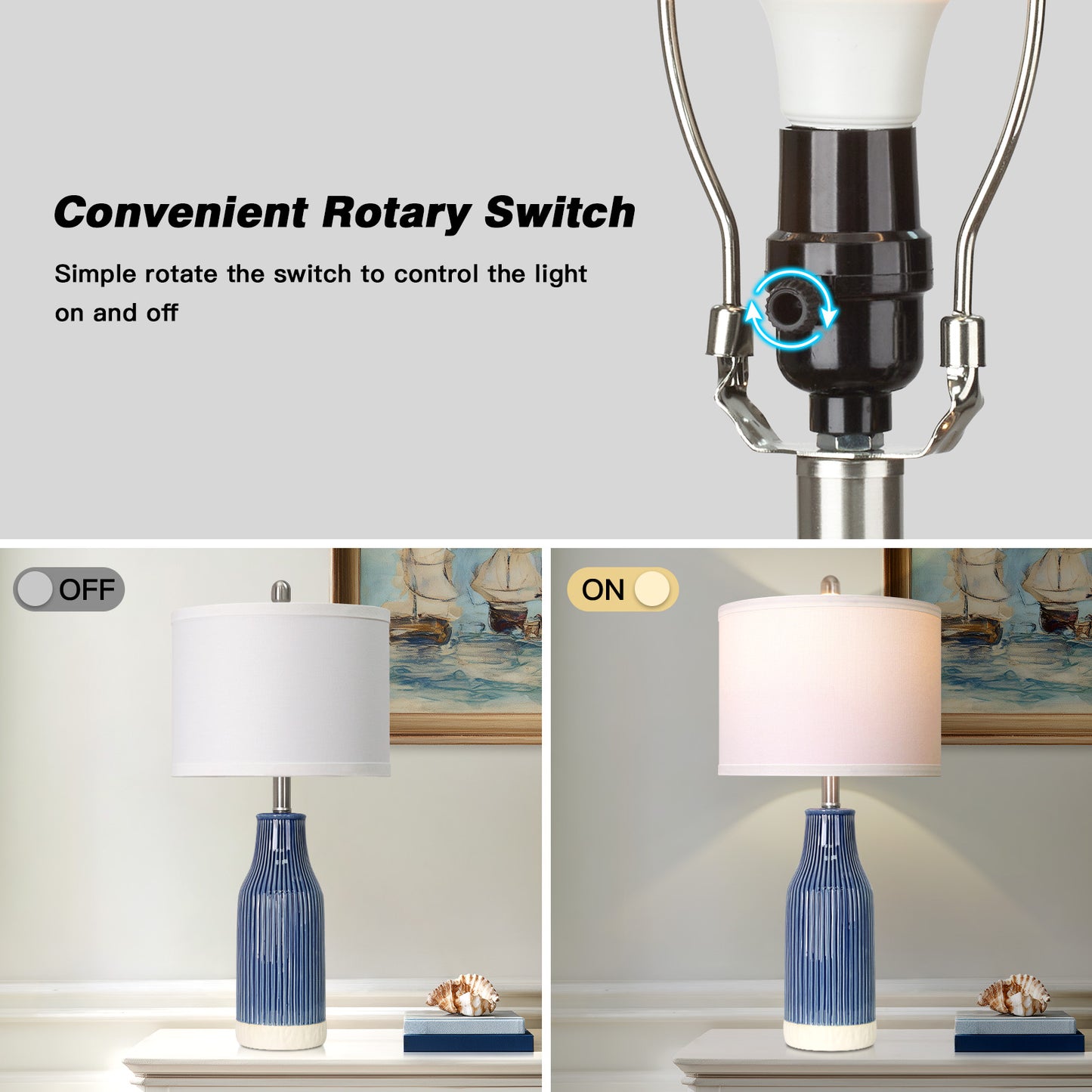 Cinkeda 24.5" Royal Blue Ceramic Table Lamps Set of 2, 2-Level Rotary Switch Bedside Nightstand Lamps with Bottle-Shaped Vertical Ribbed Design & Nickel Base for Living Room