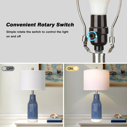 Cinkeda 24.5" Royal Blue Ceramic Table Lamps Set of 2, 2-Level Rotary Switch Bedside Nightstand Lamps with Bottle-Shaped Vertical Ribbed Design & Nickel Base for Living Room