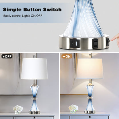 Cinkeda 27" Blue Gradient Glass Table Lamps Set of 2 with USB-C/A Ports & AC Outlet,Coastal Lamp for Night Stands Bedroom Living Room