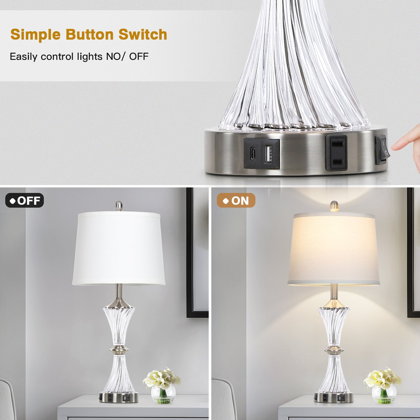 Cinkeda 27" Clear Glass Table Lamps Set of 2 with USB-C/A Ports & AC Outlet, Silver Nickel Finish Nightstand Lamps for Bedroom Living Room, LED Bulbs Included
