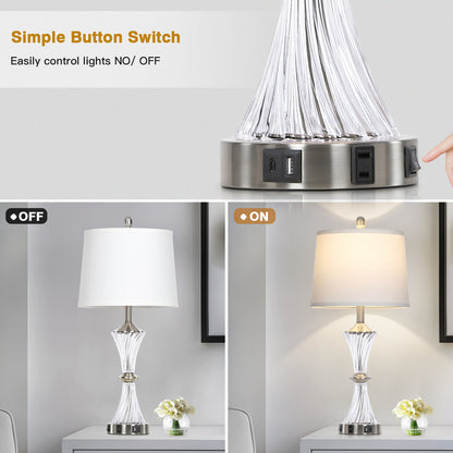 Cinkeda 27" Clear Glass Table Lamps Set of 2 with USB-C/A Ports & AC Outlet, Silver Nickel Finish Nightstand Lamps for Bedroom Living Room, LED Bulbs Included