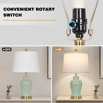 Cinkeda 23" Coastal Green Ceramic Table Lamps Set of 2 with Gold Accents, Modern Ceramic Ginger Jar Nightstand Lamps for Bedroom Living Room