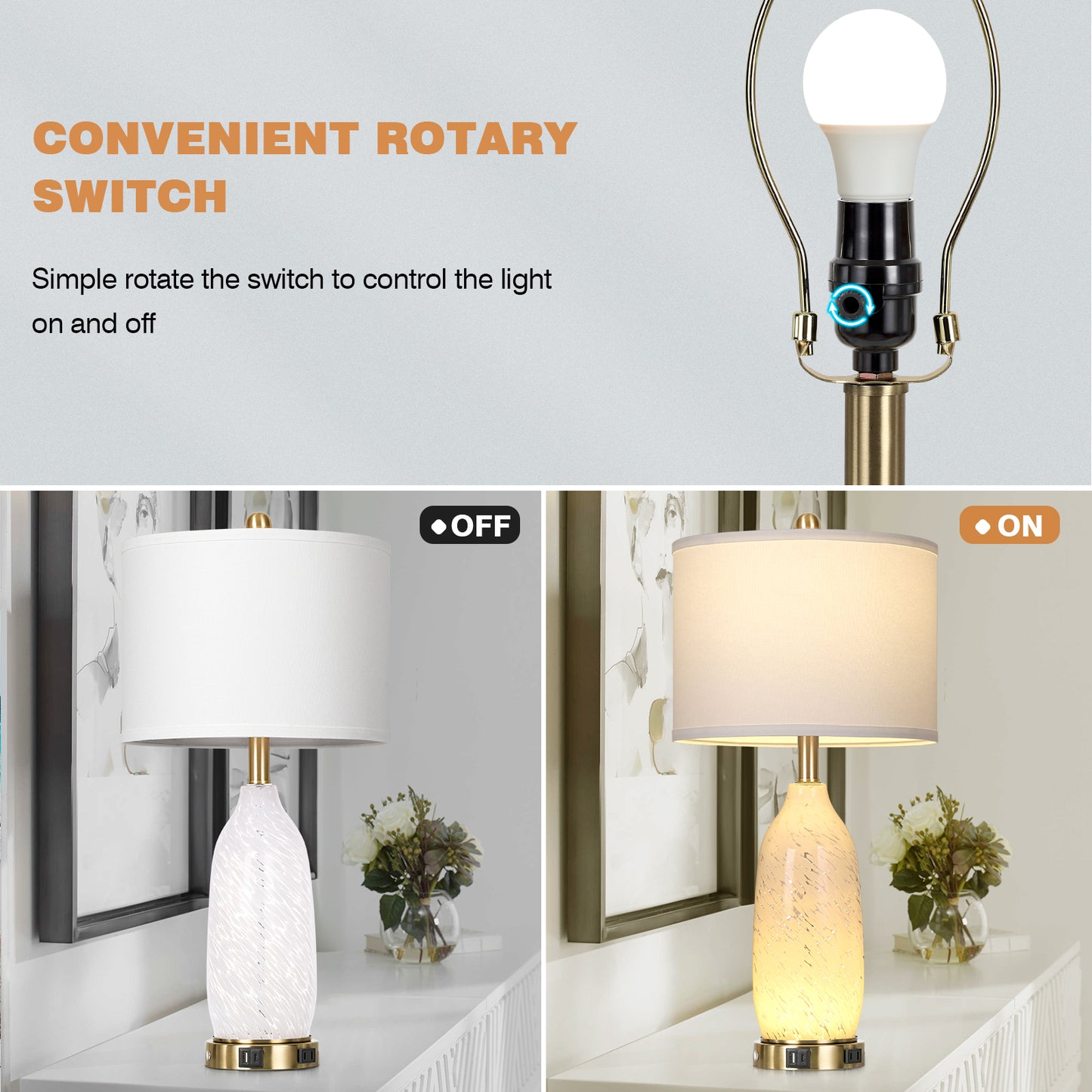 Cinkeda Vintage Style Table Lamps Set of 2 for Living Room Bedroom, 25" Tall with Dual Lights (Knob & Touch), USB-C/A Ports & AC Outlet, White Shade