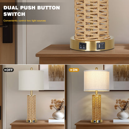 Cinkeda 27" Rattan Woven Table Lamps Set of 2, Boho Bedside Lamp with Dual Rocker Switches & Night Light, USB A+C Ports & Gold Finish for Farmhouse Bedroom Living Room