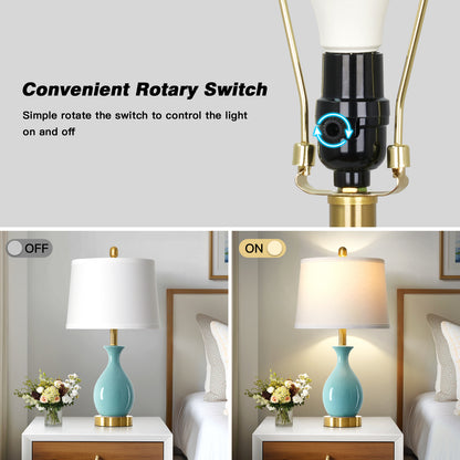 Cinkeda 24" Aqua Blue Ceramic Table Lamps Set of 2, Modern Classic Bedside Lamp with Gold Accents for Living Room Bedroom