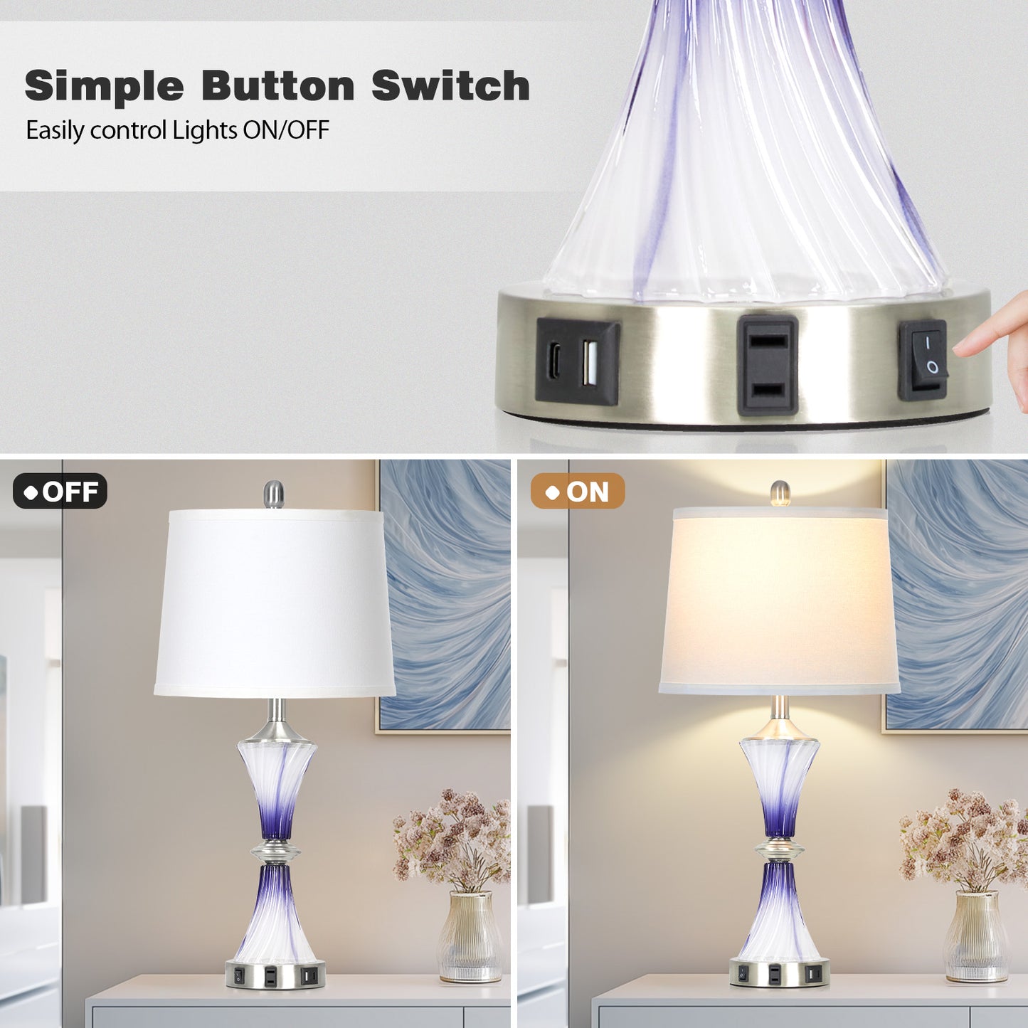 Cinkeda 27" Purple Glass Table Lamps Set of 2 with USB-C/A Ports & AC Outlet, Silver Nickel Finish Nightstand Lamps for Bedroom Living Room, LED Bulbs Included