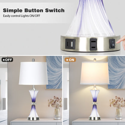 Cinkeda 27" Purple Glass Table Lamps Set of 2 with USB-C/A Ports & AC Outlet, Silver Nickel Finish Nightstand Lamps for Bedroom Living Room, LED Bulbs Included