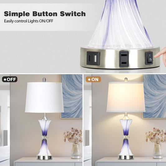 Cinkeda 27" Purple Glass Table Lamps Set of 2 with USB-C/A Ports & AC Outlet, Silver Nickel Finish Nightstand Lamps for Bedroom Living Room, LED Bulbs Included