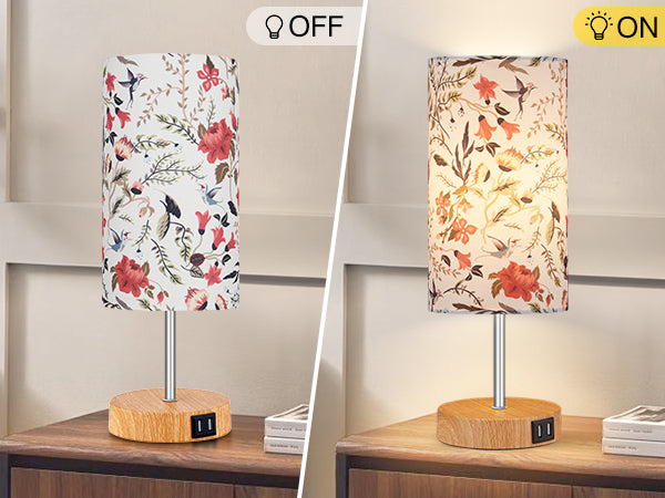 Cinkeda 15" Touch Control Single Small Table Lamp with Dual USB Ports Floral Print Shade 3-Way Dimmable Bedside Nightstand Lamp for Bedroom Living Room (1 Bulb)