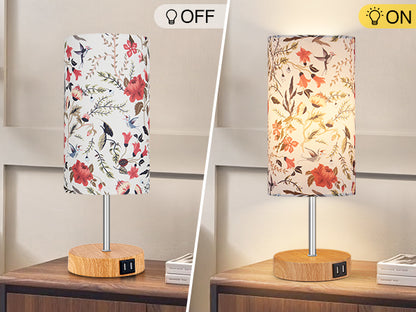 Cinkeda 15" Touch Control Single Small Table Lamp with Dual USB Ports Floral Print Shade 3-Way Dimmable Bedside Nightstand Lamp for Bedroom Living Room (1 Bulb)