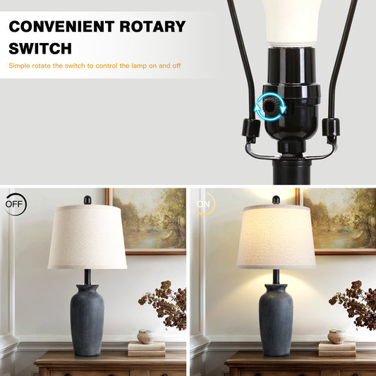 Cinkeda 24.5" Black Ceramic Jar Table Lamps Set of 2, Farmhouse Bedside Lamps with Oatmeal Fabric Shade for Bedroom Living Room