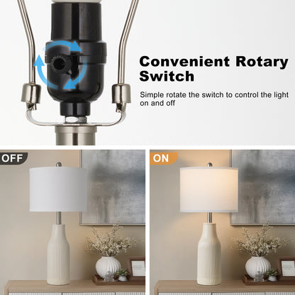 Cinkeda 26" Ceramic Table Lamps Set of 2 with Rotary Switch, Modern Farmhouse White Glaze & Drum Shade for Bedroom Living Room