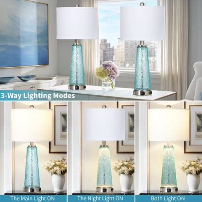 Cinkeda 26" Blue Speckled Glass Table Lamps Set of 2, Modern Touch Control Table Lamp with USB A+C Charging Ports, Nightstand Lamp for Bedroom Living Room Decor