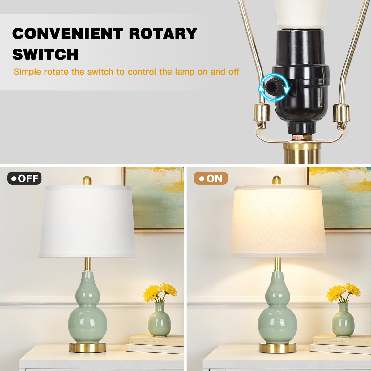 Cinkeda 25" Teal Ceramic Table Lamps Set of 2, 2-Level Rotary Switch Bedside Nightstand Lamps with Gold Base & Slant Shade for Living Room