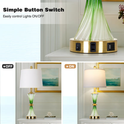 Cinkeda 27" Green Glass Table Lamps Set of 2 with USB-C/A Ports & AC Outlet, Silver Nickel Finish Nightstand Lamps for Bedroom Living Room, LED Bulbs Included