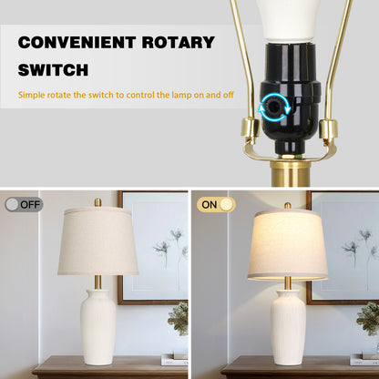 Cinkeda 24.5" Beige Ceramic Table Lamps Set of 2, 2-Level Rotary Switch Bedside Nightstand Lamps with Gold Accents & Slant Shade for Living Room