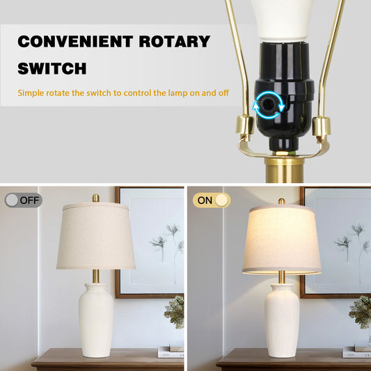 Cinkeda 24.5" Beige Ceramic Table Lamps Set of 2, 2-Level Rotary Switch Bedside Nightstand Lamps with Gold Accents & Slant Shade for Living Room