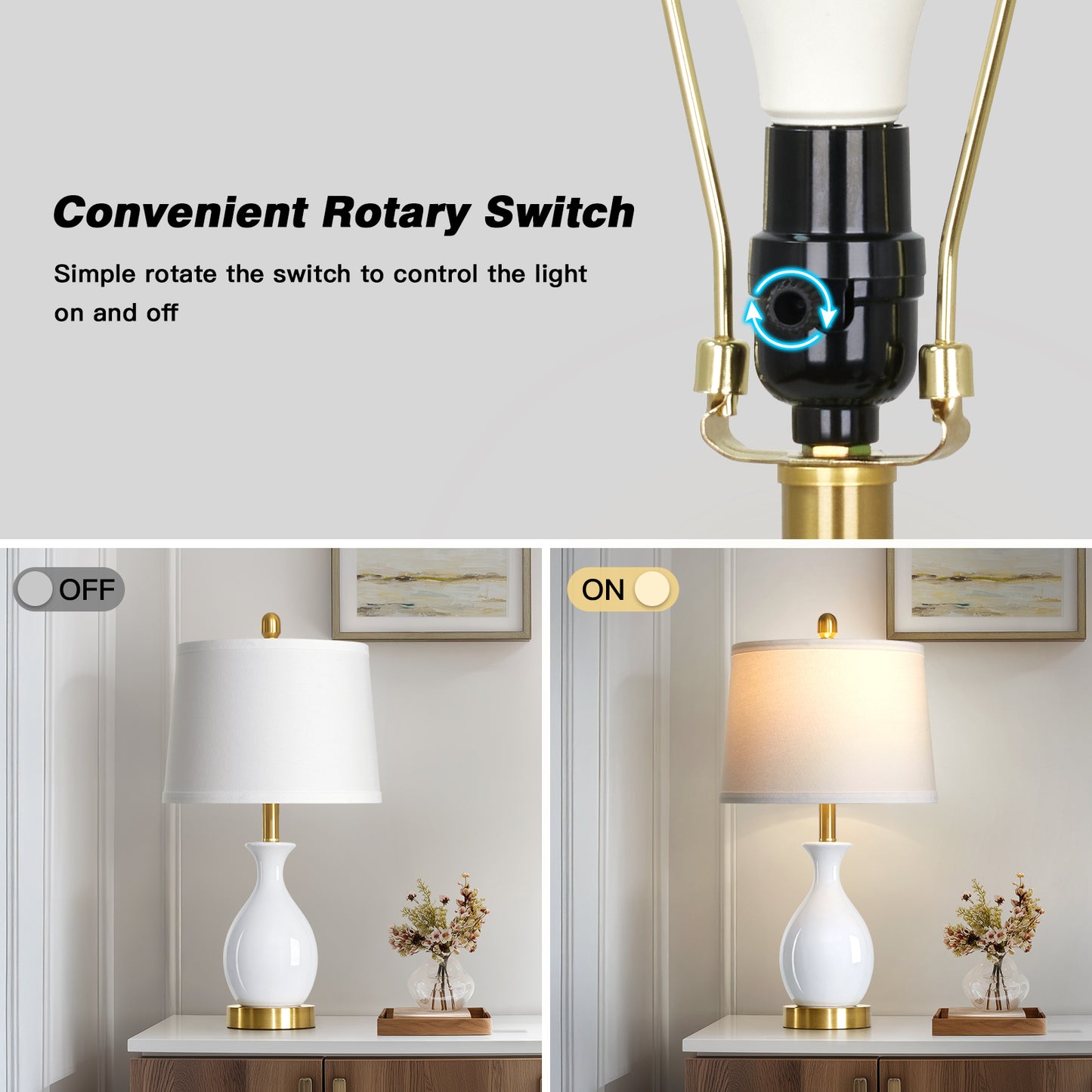 Cinkeda 24" White Ceramic Table Lamps Set of 2, Modern Classic Bedside Lamp with Gold Accents for Living Room Bedroom