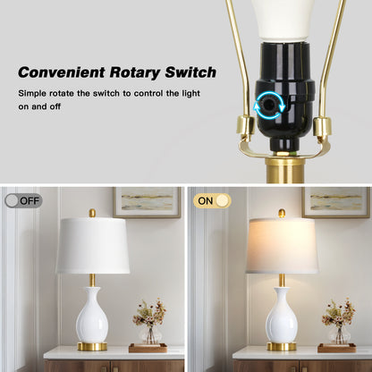 Cinkeda 24" White Ceramic Table Lamps Set of 2, Modern Classic Bedside Lamp with Gold Accents for Living Room Bedroom