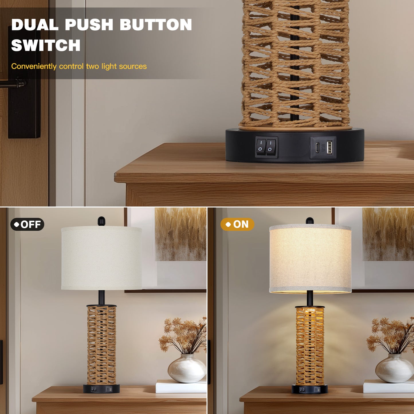 Cinkeda 27" Rattan Woven Table Lamps Set of 2, Boho Bedside Lamp with Dual Rocker Switches & Night Light, USB A+C Ports & Black Finish for Farmhouse Bedroom Living Room