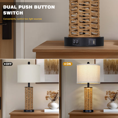 Cinkeda 27" Rattan Woven Table Lamps Set of 2, Boho Bedside Lamp with Dual Rocker Switches & Night Light, USB A+C Ports & Black Finish for Farmhouse Bedroom Living Room