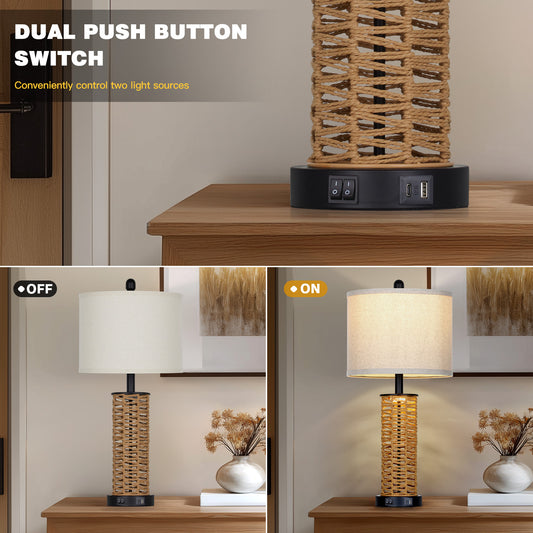 Cinkeda 27" Rattan Woven Table Lamps Set of 2, Boho Bedside Lamp with Dual Rocker Switches & Night Light, USB A+C Ports & Black Finish for Farmhouse Bedroom Living Room