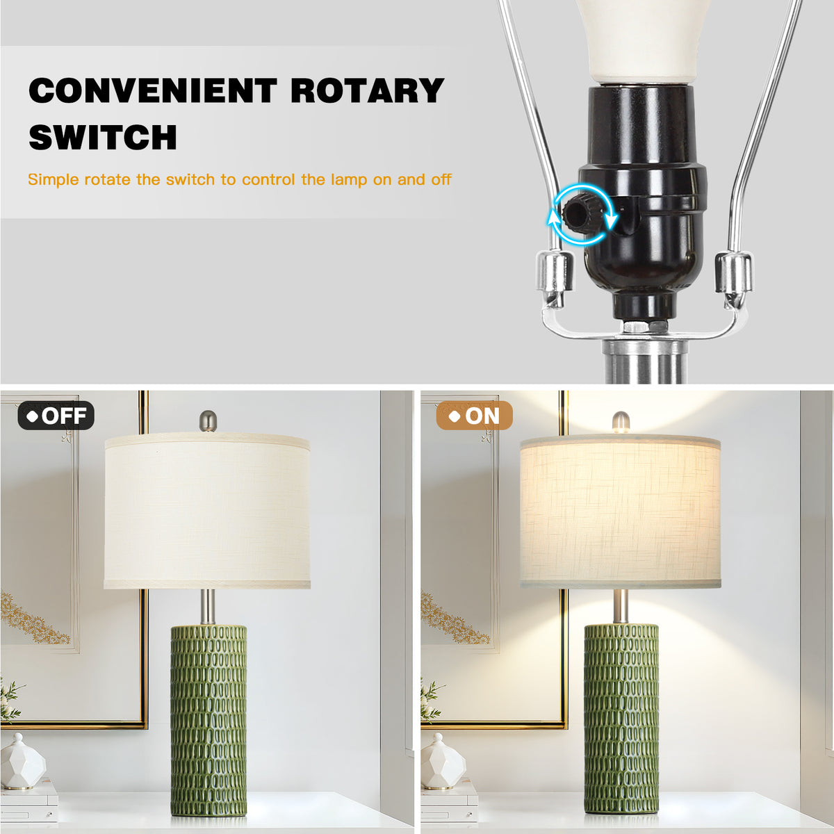Cinkeda 26.5" Green Ceramic Table Lamps Set of 2, 2-Level Rotary Switch Bedside Lamps with Carved Bamboo Texture & Nickel Base for Living Room