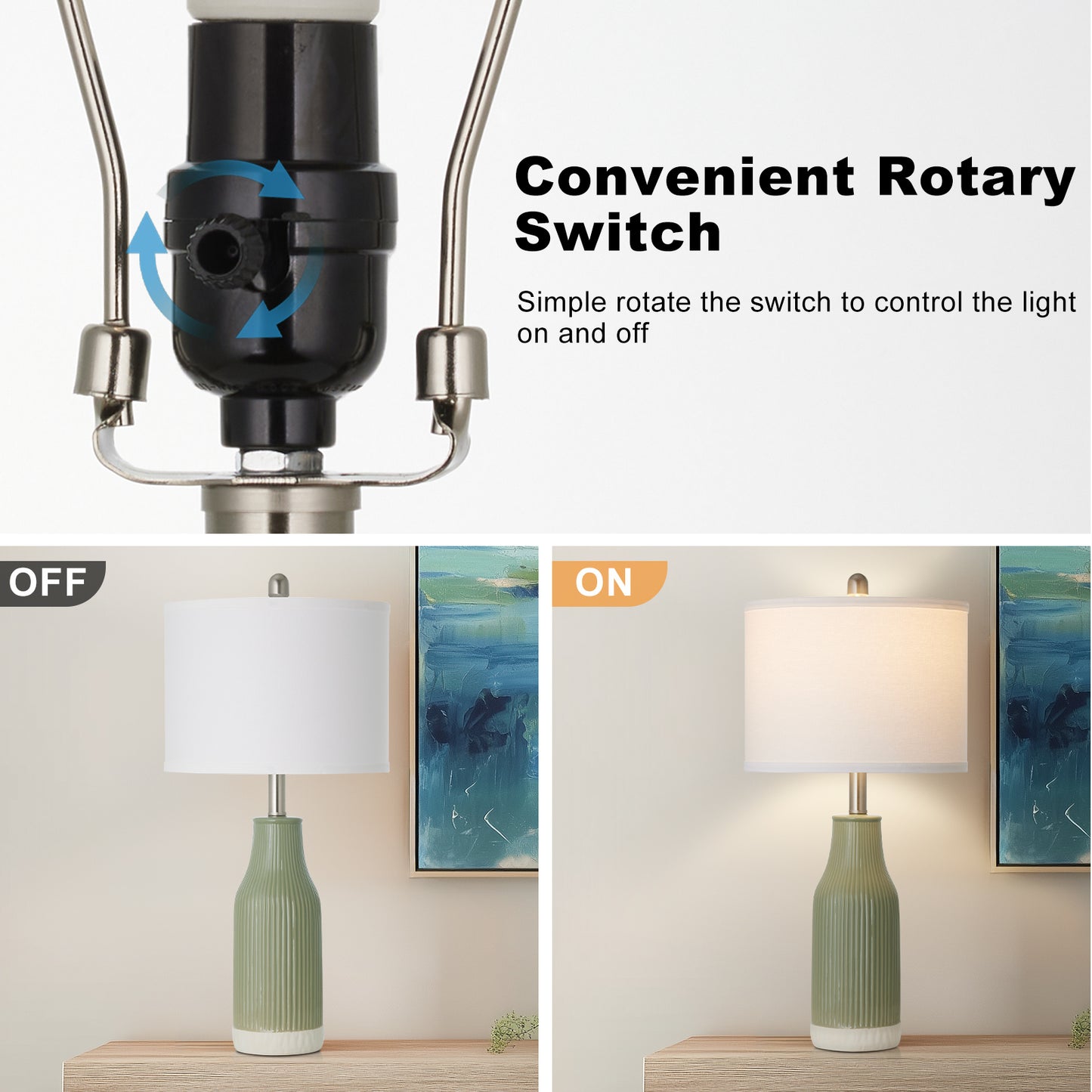 Cinkeda 24.5" Ceramic Table Lamps Set of 2 with Rotary Switch, Modern Farmhouse White Glaze & Drum Shade for Bedroom Living Room
