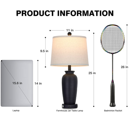 Cinkeda 25" Touch Control Table Lamp, Black Sand-Textured Resin Body with Oatmeal Linen Shade, USB-C & AC Outlet, 3-Level Dimmable, Dimmable LED Bulb Included for Bedroom