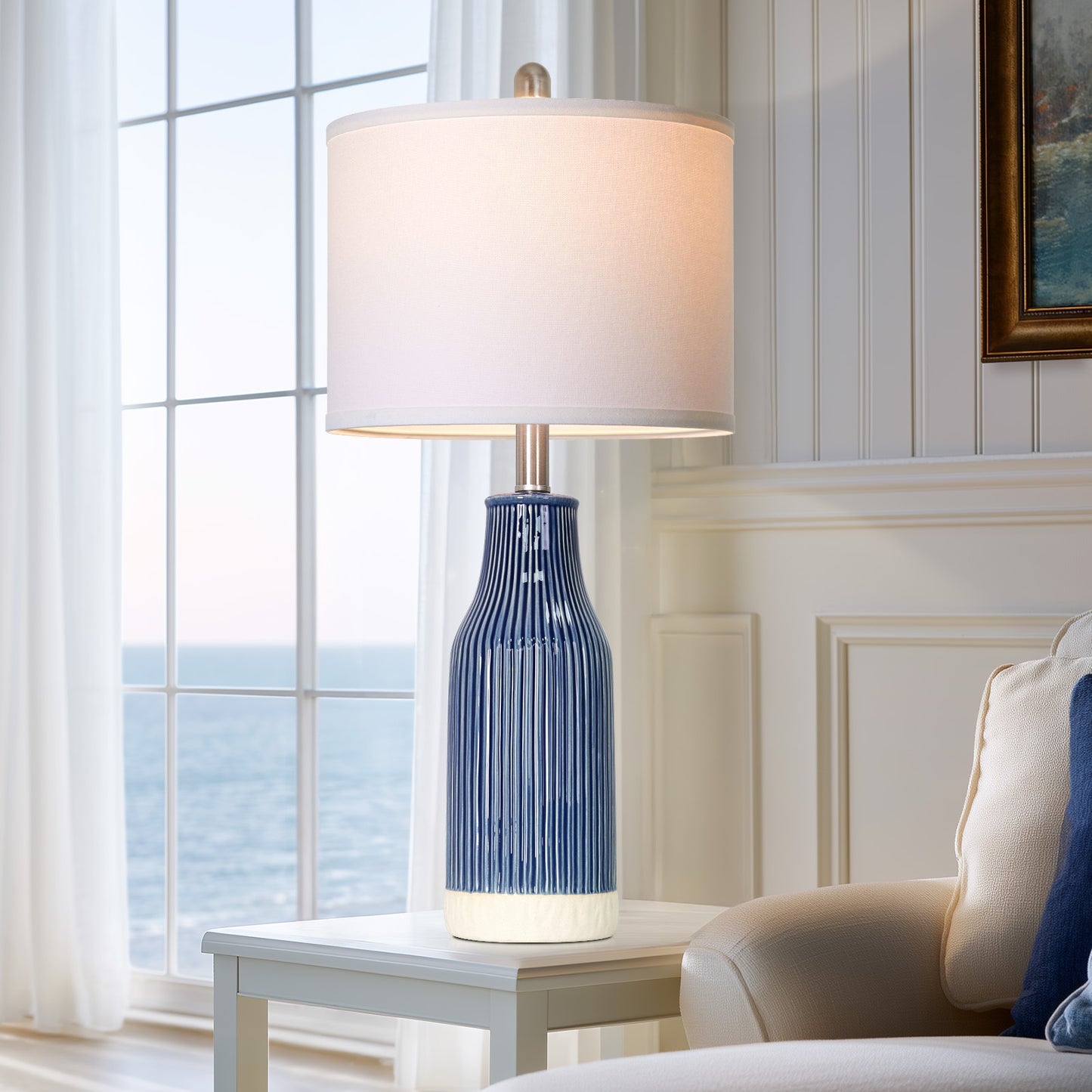 Cinkeda 24.5" Royal Blue Ceramic Table Lamps Set of 2, 2-Level Rotary Switch Bedside Nightstand Lamps with Bottle-Shaped Vertical Ribbed Design & Nickel Base for Living Room