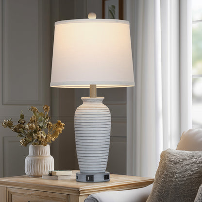 Cinkeda 25" Touch Control Table Lamp, Gray-White Resin Jar Body with White Linen Shade, USB-C & AC Outlet, 3-Level Dimmable, Dimmable LED Bulb Included for Bedroom