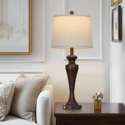30" Classic Table Lamp, Brown Base with USB/Type-C & AC Outlet, Linen Shade, E26 Dimmable LED Bulb Included, 3-Way Touch Switch for Bedroom/Living Room(Set of 2)（副本）（副本）