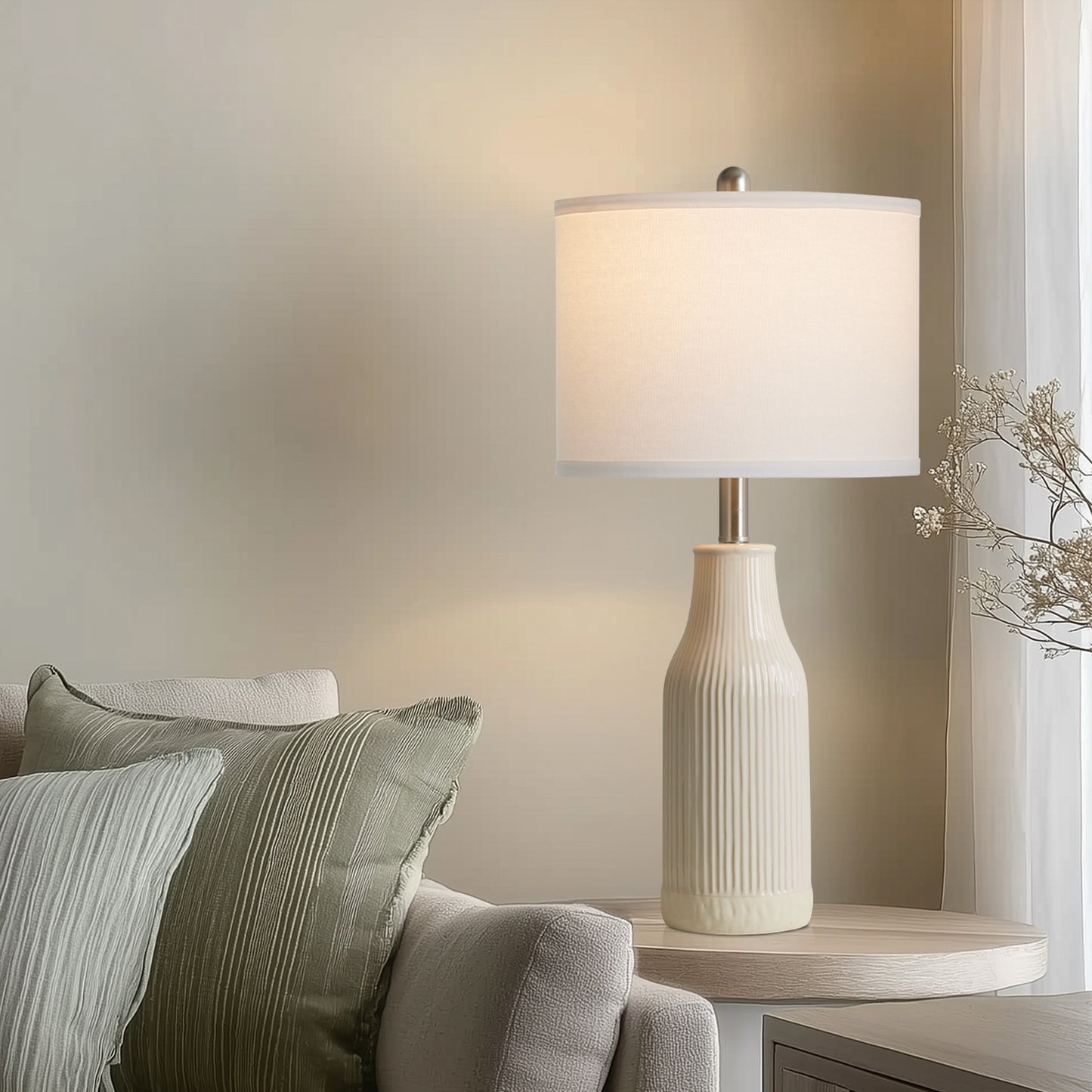 Cinkeda 26" Ceramic Table Lamps Set of 2 with Rotary Switch, Modern Farmhouse White Glaze & Drum Shade for Bedroom Living Room