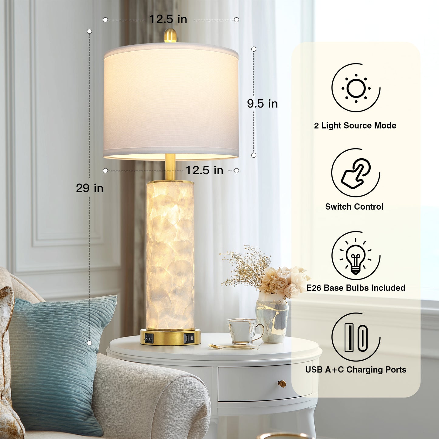 Cinkeda 29" White Seashell Table Lamp Set of 2, Coastal Bedside Nightstand Lamps with USB A+C Ports & Dual Night Light, LED Bulbs Included for Living Room(Gold))