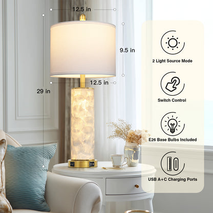 Cinkeda 29" White Seashell Table Lamp Set of 2, Coastal Bedside Nightstand Lamps with USB A+C Ports & Dual Night Light, LED Bulbs Included for Living Room(Gold))